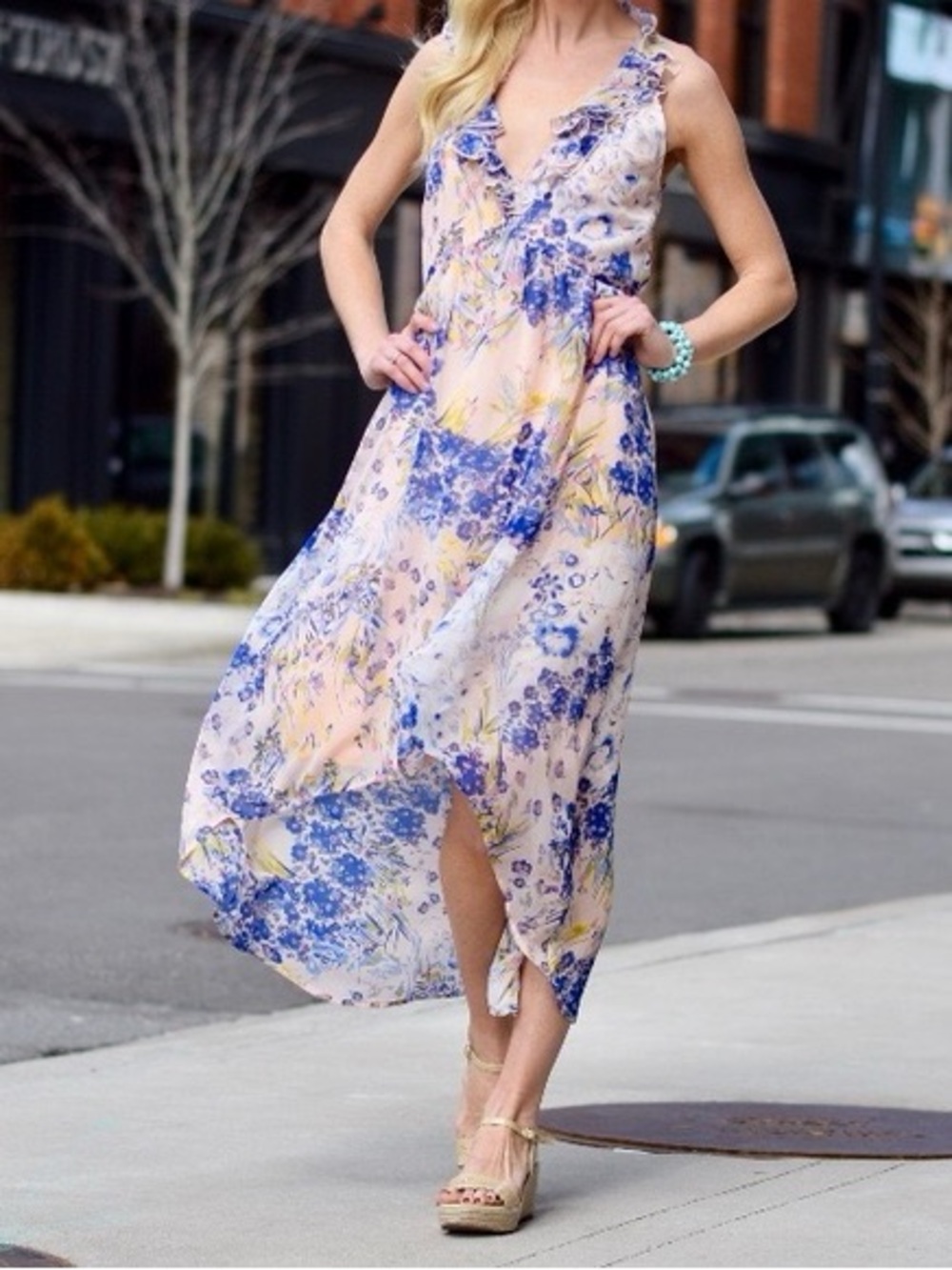 Leith Floral Ruffled V-Neck Maxi Dress in Baby Pink & Blue